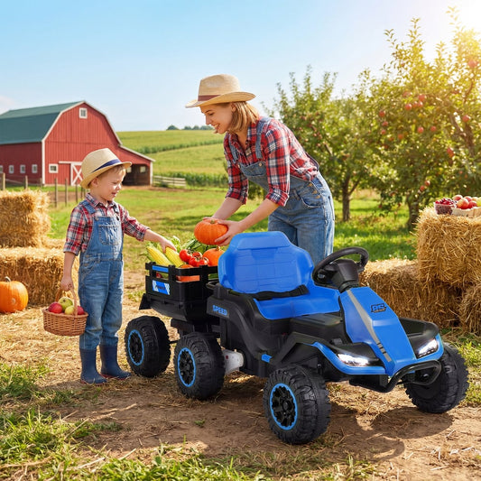 Child and adult playing with the kids electric tractor and trailer on a farm