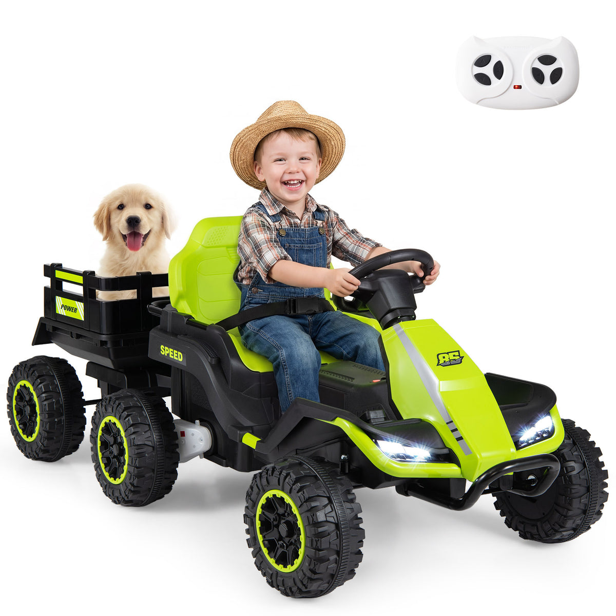 24V Kids Electric Vehicle with a child driving and a dog in the trailer