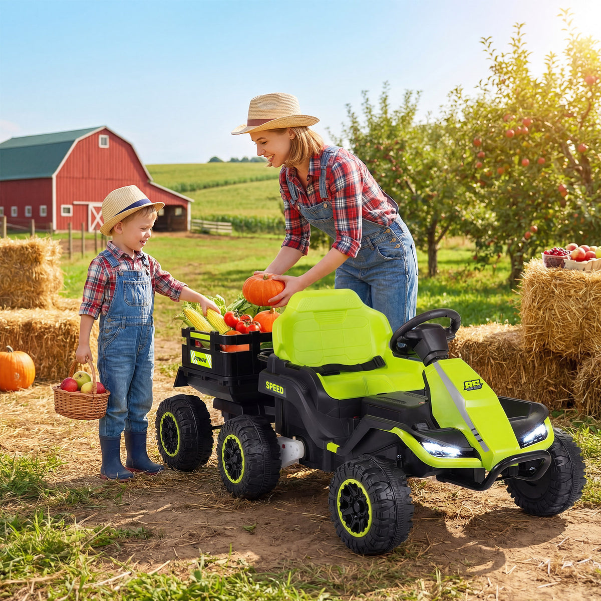A parent and child playing with the kids electric tractor on a farm