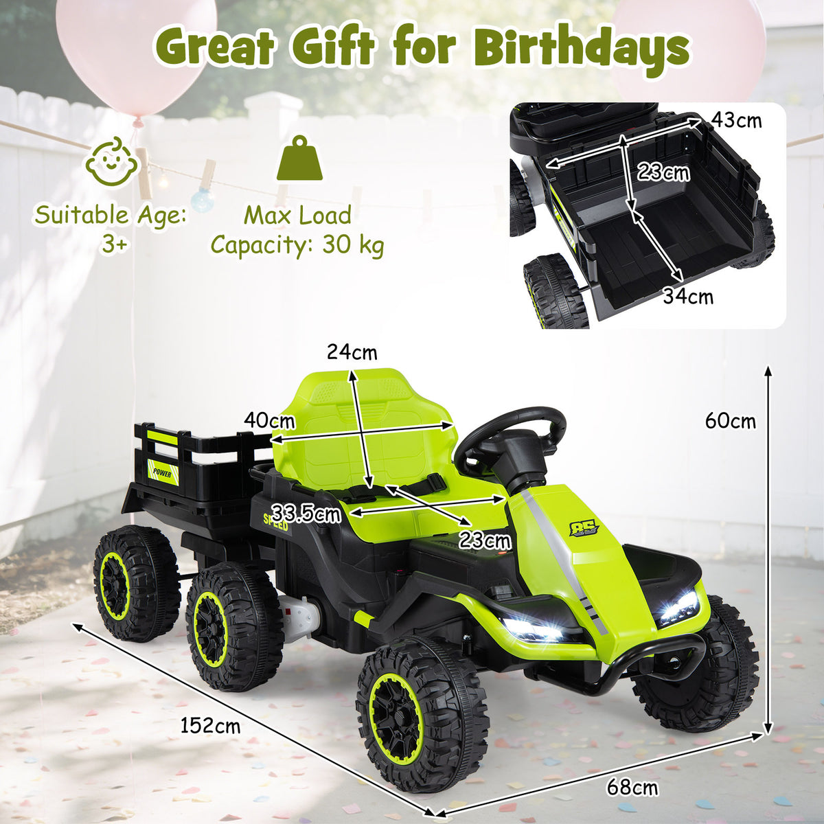 A size diagram showing the dimensions of the kids electric tractor