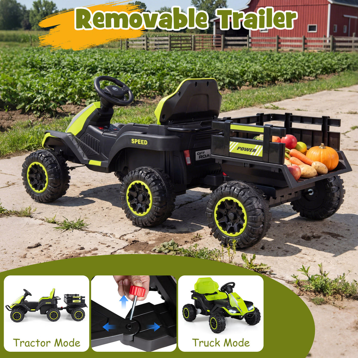 Demonstration of attaching and detaching the trailer from the electric ride on car