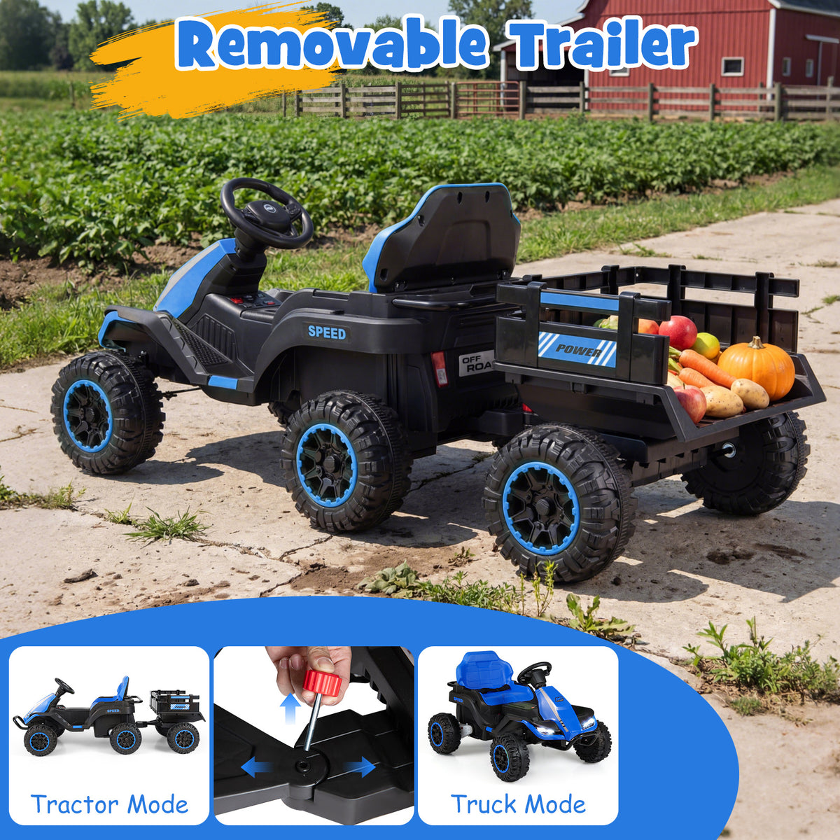 Detachable trailer shown on the kids electric tractor in tractor and truck modes