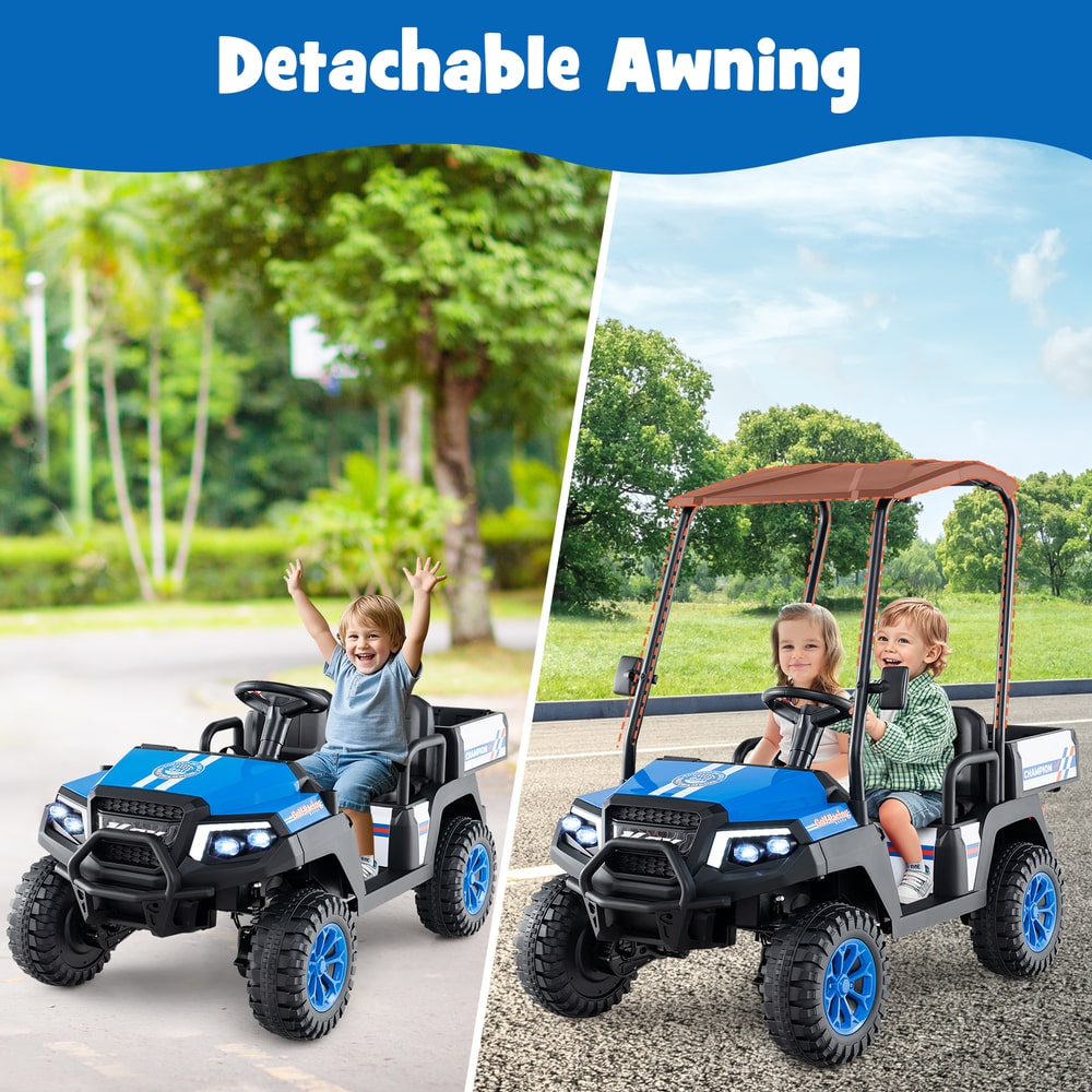 The navy blue kids electric golf cart with a detachable awning, shown with children riding