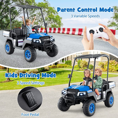 The kids electric golf cart with foot pedal and speed settings shown, with children driving
