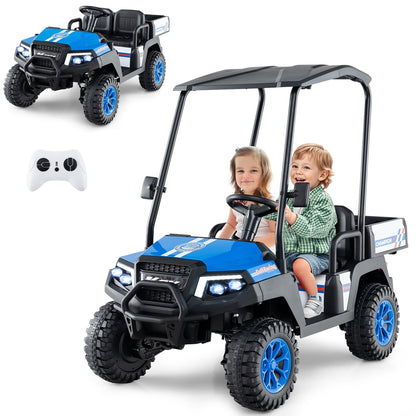 The navy blue kids electric golf cart with two children riding inside, shown with a remote control