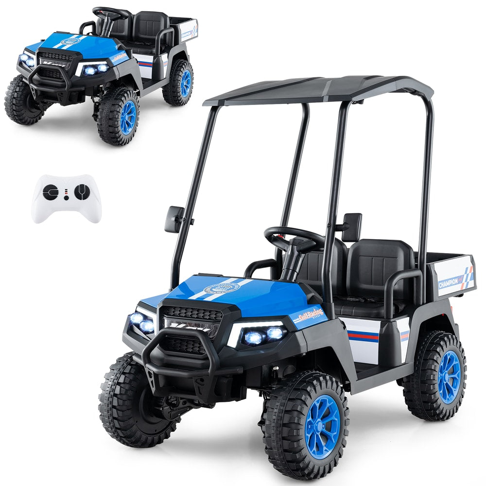 24V Kids Golf Cart 4WD 2 Seater Ride on Car with Dump Bed-Navy, front view with remote control