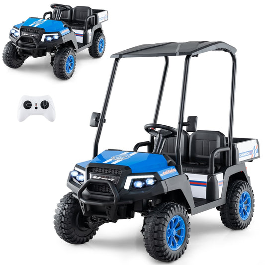 24V Kids Golf Cart 4WD 2 Seater Ride on Car with Dump Bed-Navy, front view with remote control