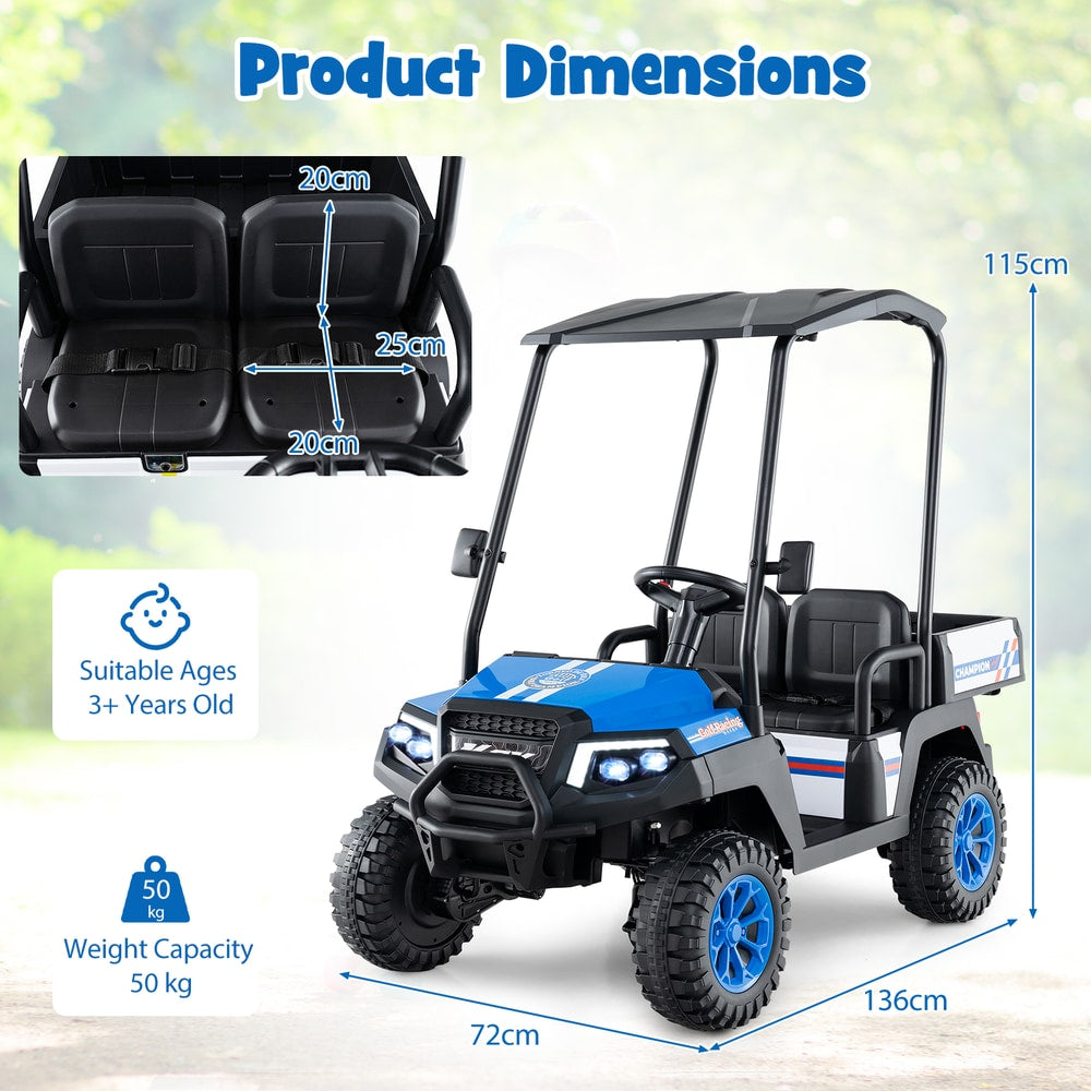 Product dimensions diagram for the kids electric golf cart, showing seat and overall size