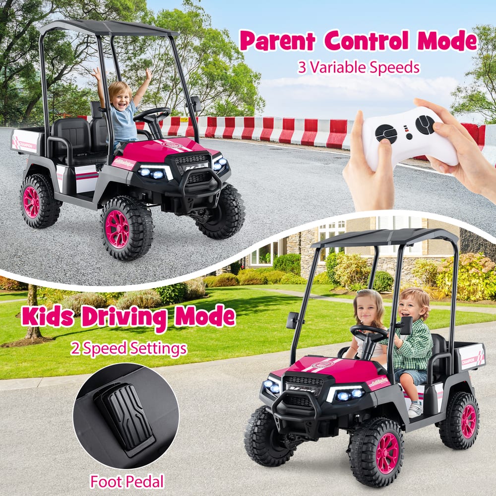 The pink kids golf cart showing parent control mode and kids driving mode with foot pedal