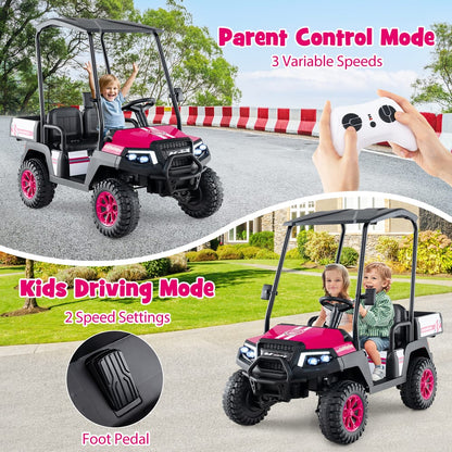 The pink kids golf cart showing parent control mode and kids driving mode with foot pedal
