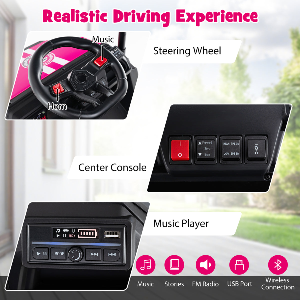 Close up of the steering wheel, centre console and music player on the kids ride on car