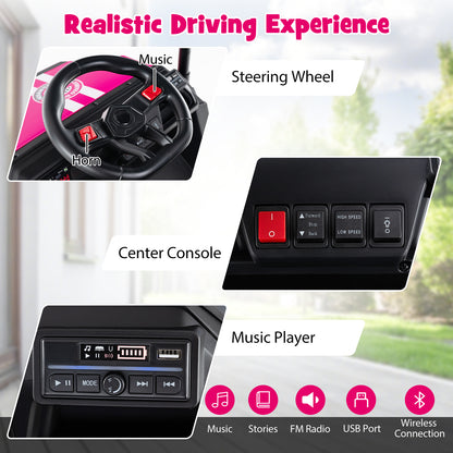 Close up of the steering wheel, centre console and music player on the kids ride on car