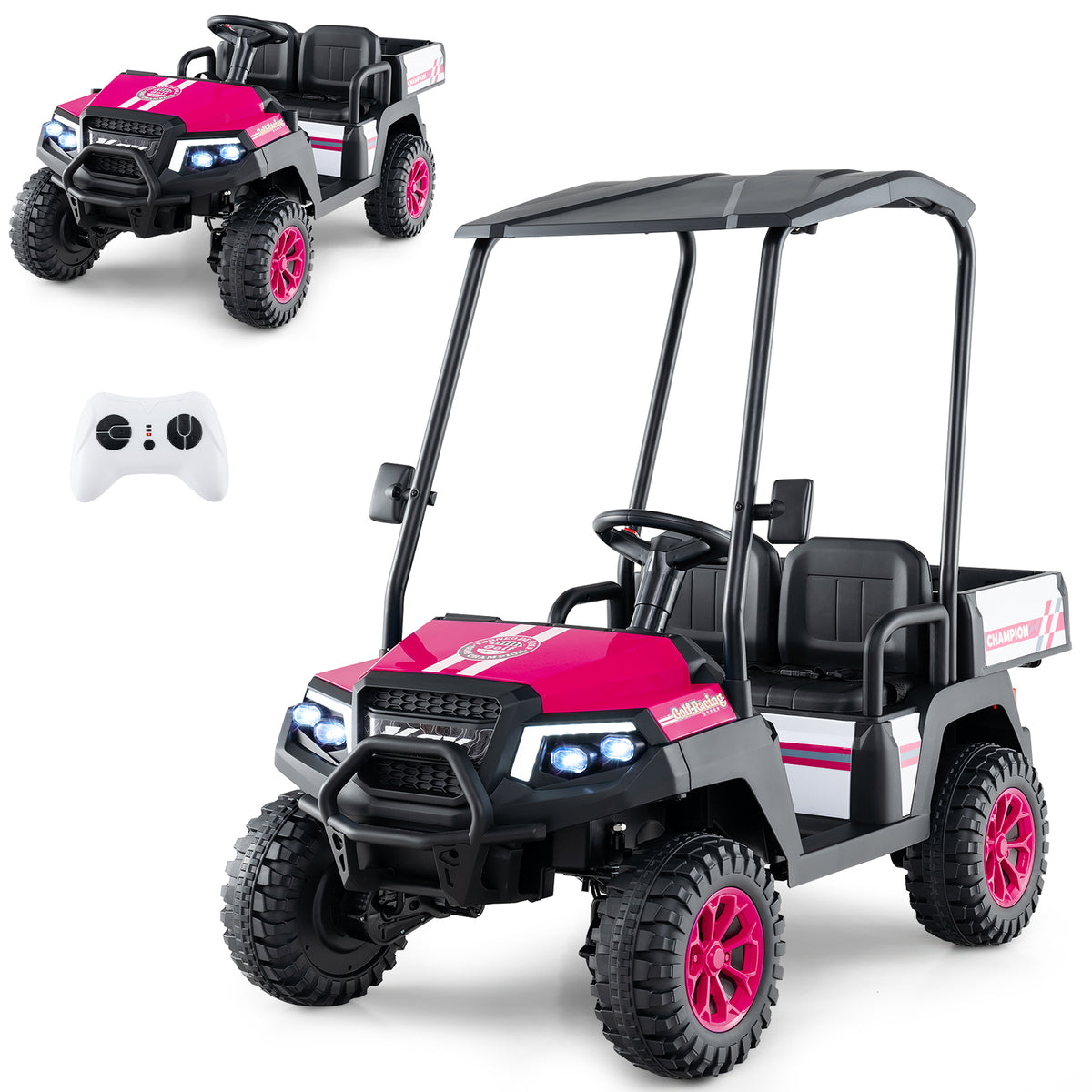 24V Kids Golf Cart with remote control and a close-up of the front