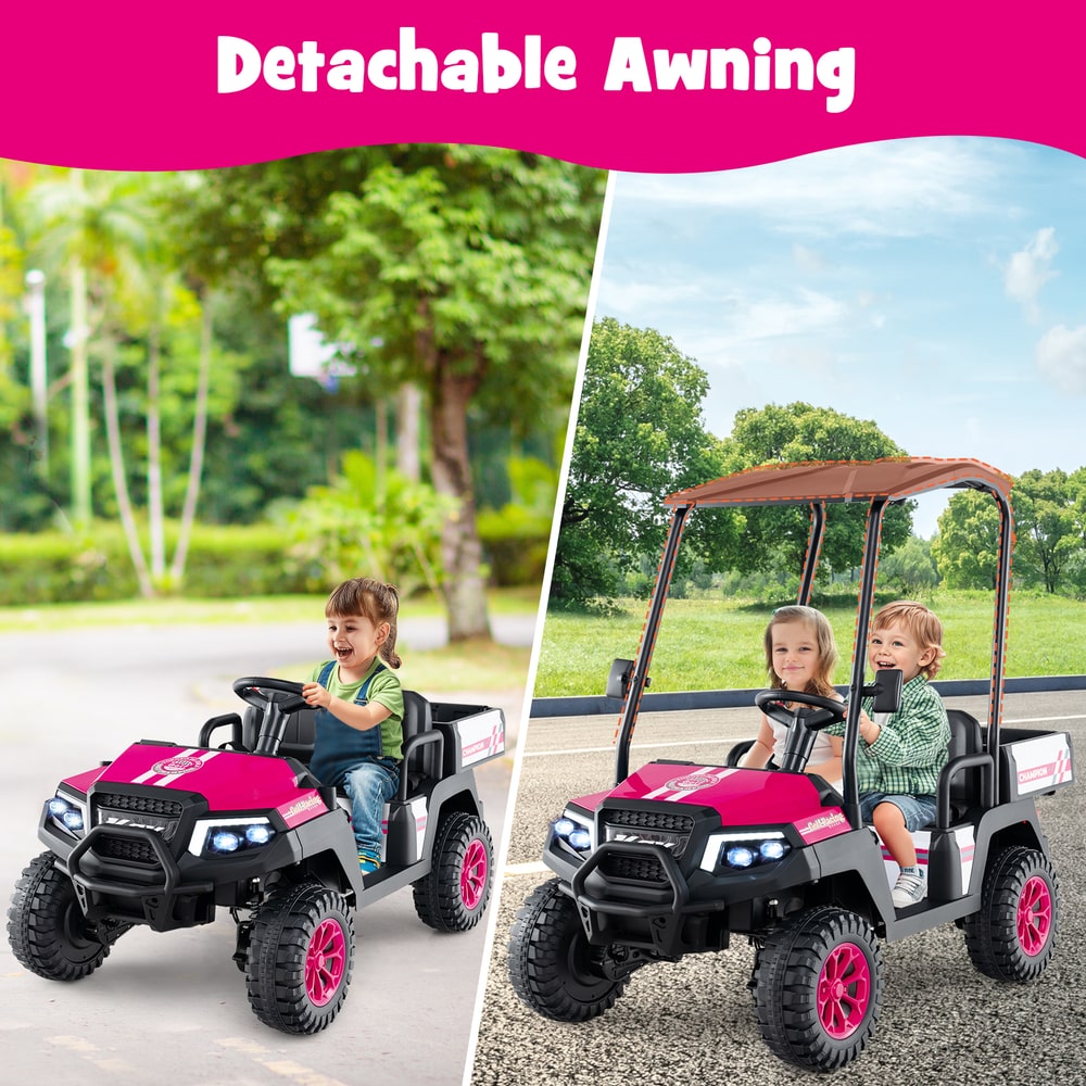 Split screen showing the pink kids golf cart with a detachable awning on the right