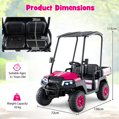 Product dimensions diagram showing size and weight capacity of the kids ride on car