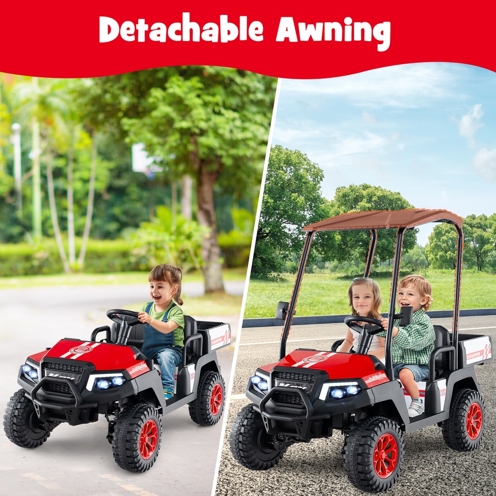 Comparison of the red 24V kids golf cart with and without its detachable awning