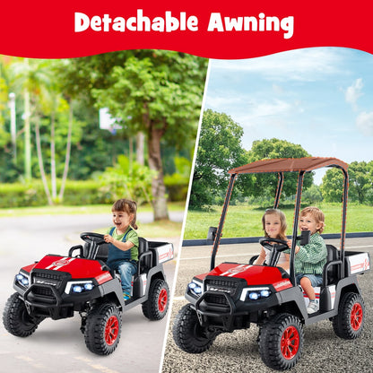 Comparison of the red 24V kids golf cart with and without its detachable awning