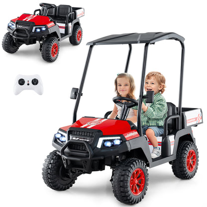 Two young children enjoying a ride in the red kids electric car