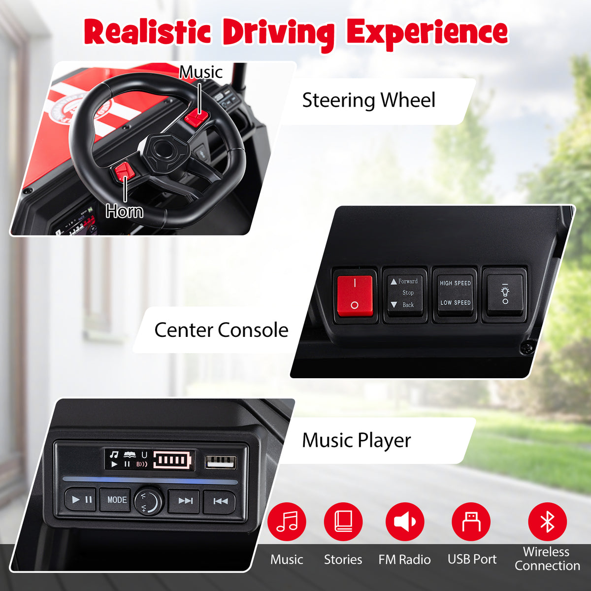 Close up of the steering wheel, centre console and music player of the red 24V kids golf cart