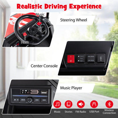 Close up of the steering wheel, centre console and music player of the red 24V kids golf cart