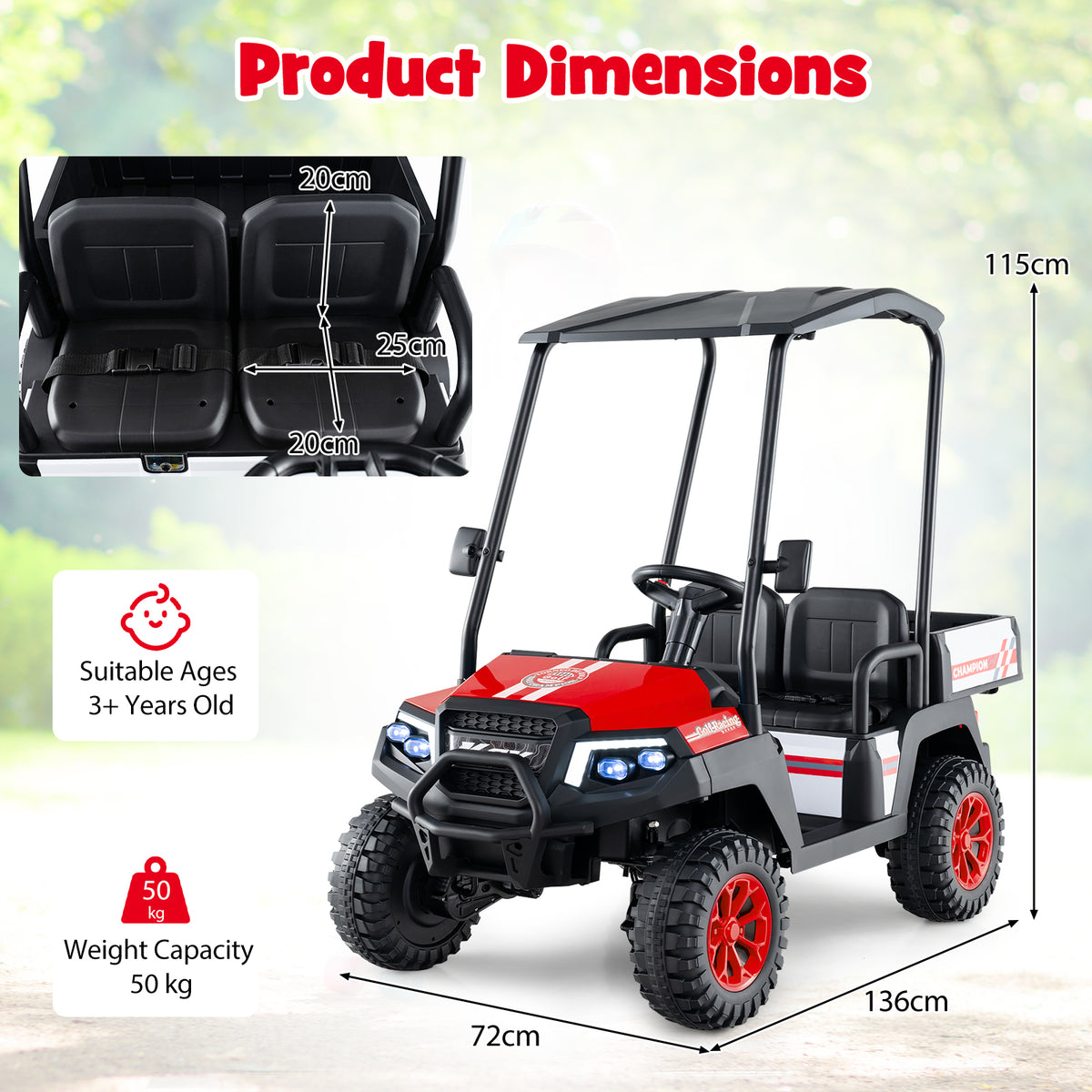 Product dimensions diagram showing the size of the red 24V kids golf cart