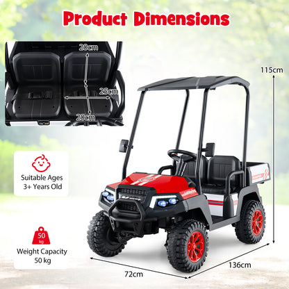 Product dimensions diagram showing the size of the red 24V kids golf cart