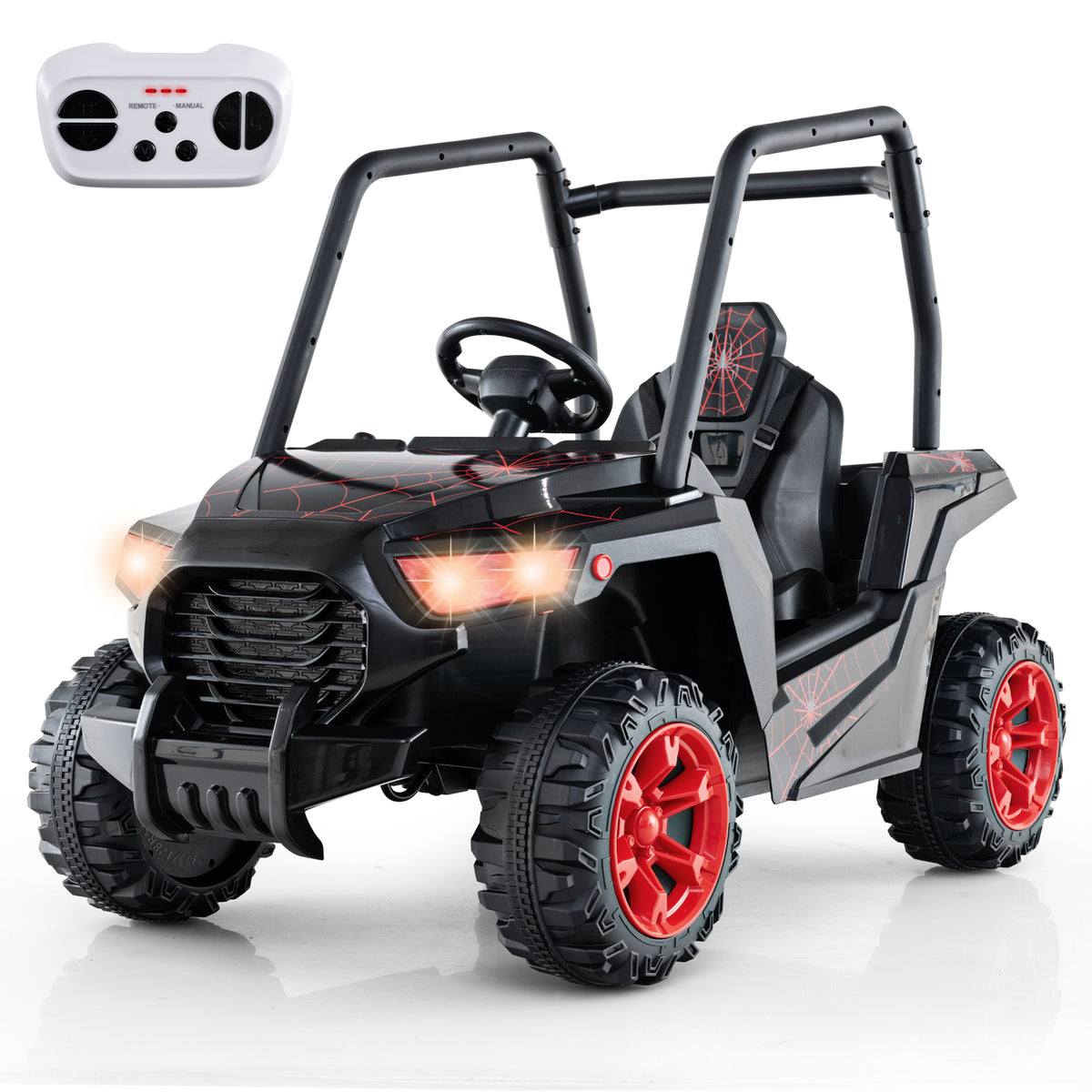 24V Kids Ride-on Car with 3 Adjustable Speeds in black with red wheels and a remote control