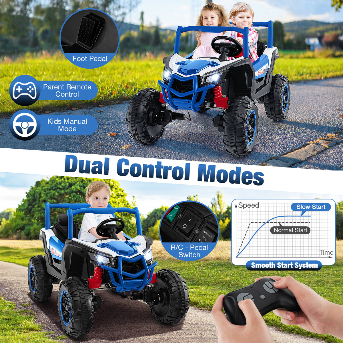 The kids electric car demonstrating dual control modes with a remote and foot pedal