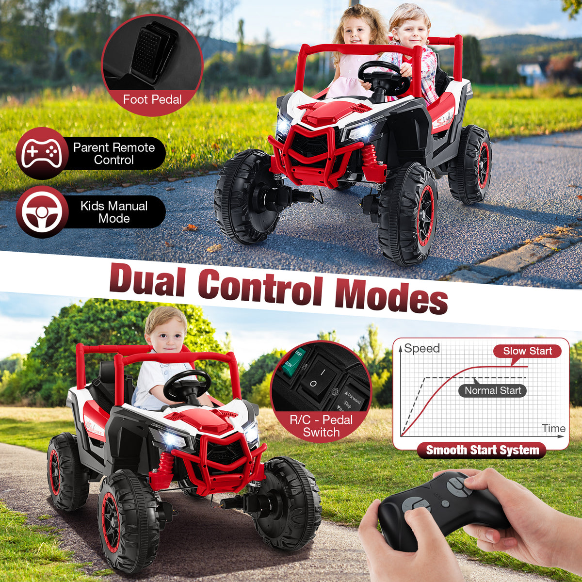 The kids electric car showing dual control modes with a remote and foot pedal