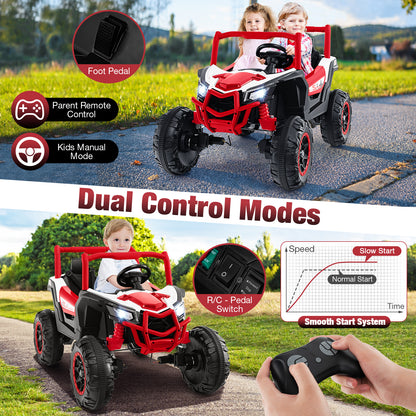 The kids electric car showing dual control modes with a remote and foot pedal
