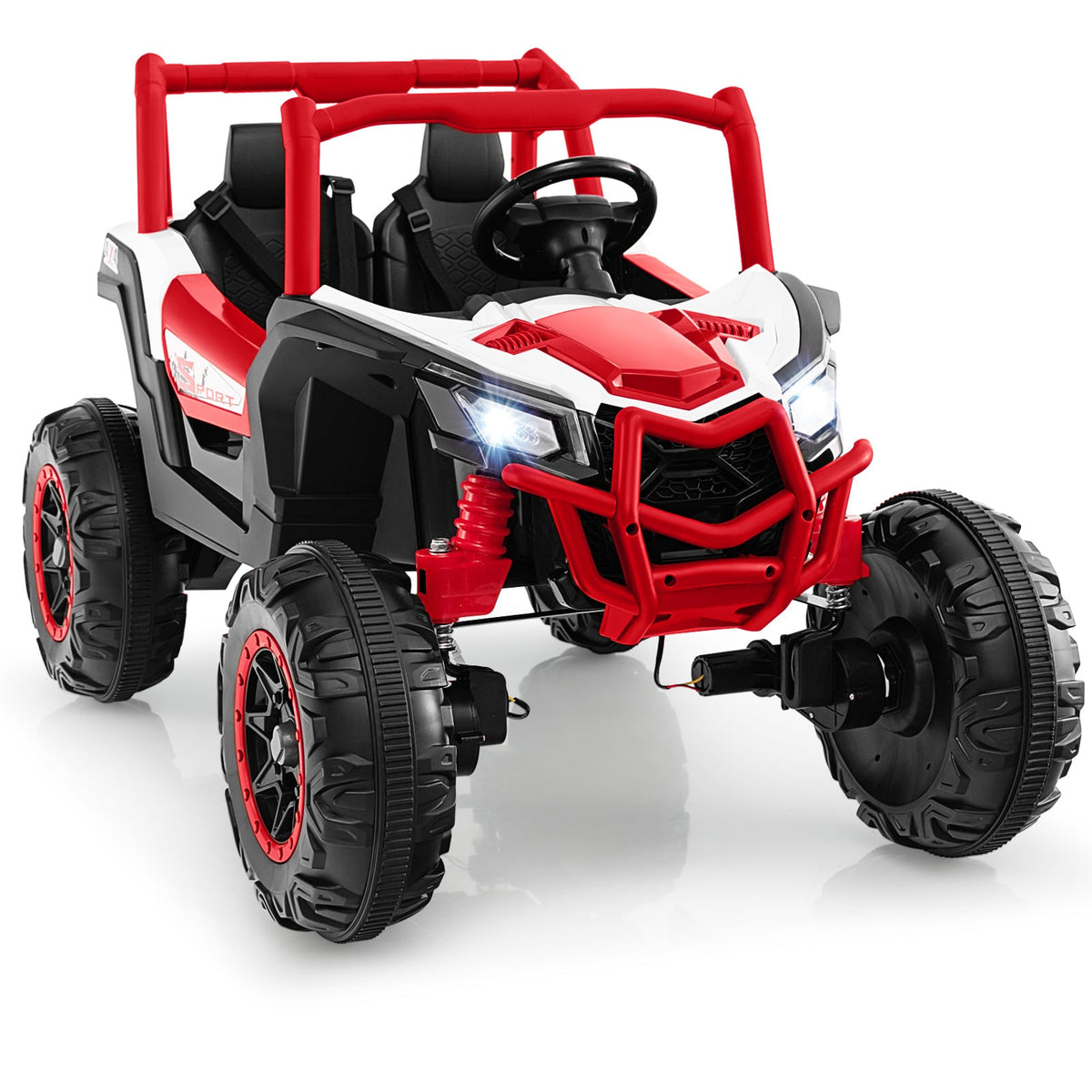 24V Kids Ride on UTV in red and white with large black wheels and a protective roll cage