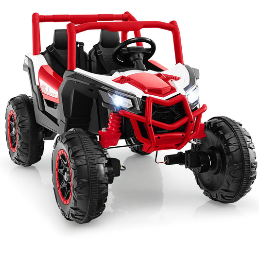 24V Kids Ride on UTV in red and white with large black wheels and a protective roll cage