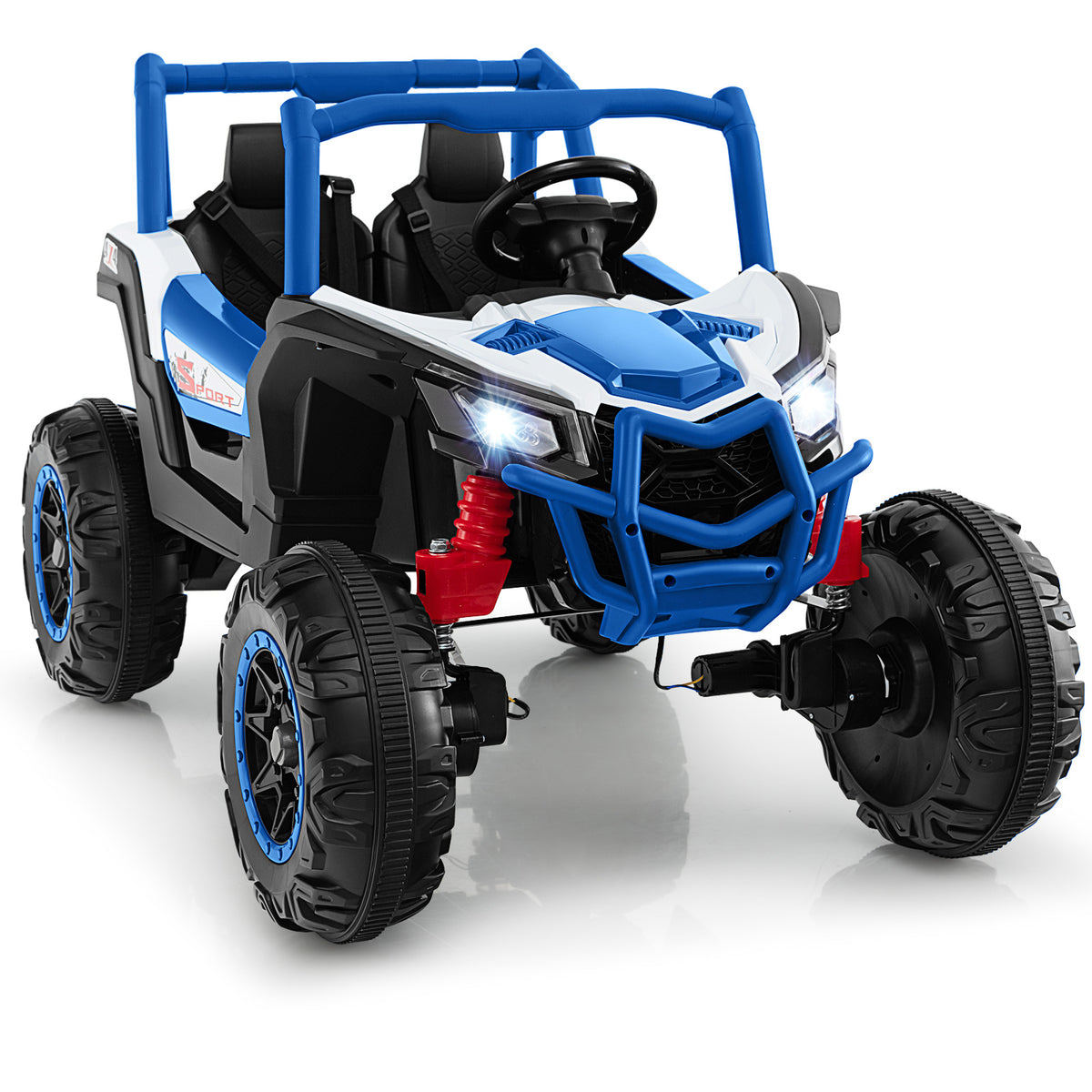 24V Kids Ride on UTV in blue and white with a roll cage and chunky off-road style wheels