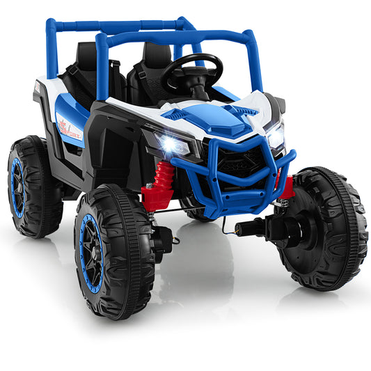 24V Kids Ride on UTV in blue and white with a roll cage and chunky off-road style wheels