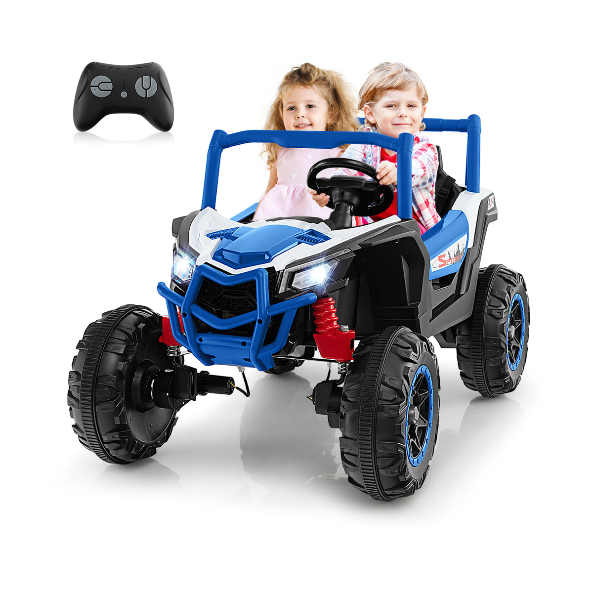 The kids electric car with two children inside and a remote control unit shown above