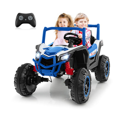 The kids electric car with two children inside and a remote control unit shown above