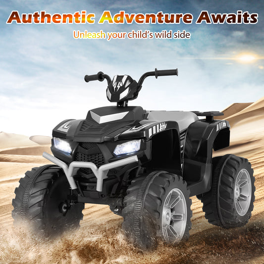 24V Ride-On ATV Toy Car, black kids electric car driving through a sandy landscape
