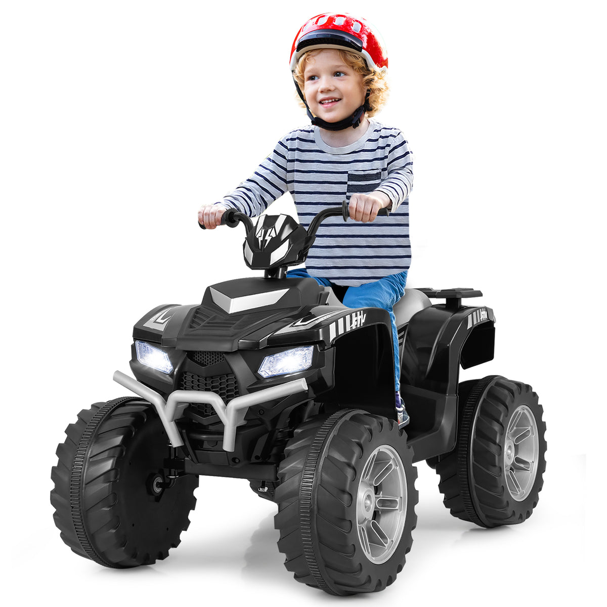 24V Ride-On ATV Toy Car, a happy child driving the black kids electric car on a path