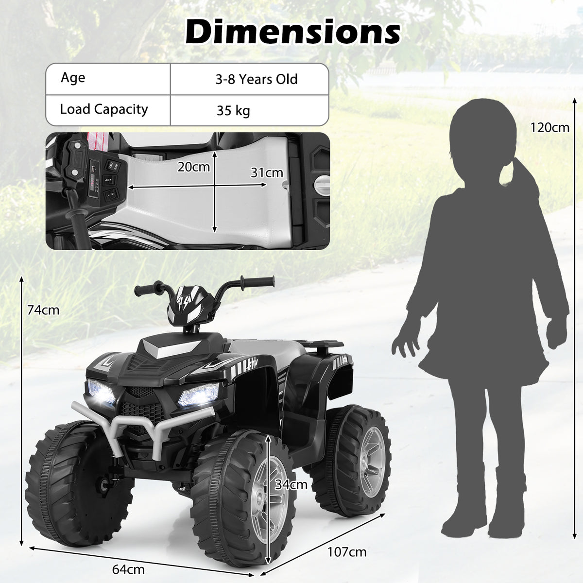 24V Ride-On ATV Toy Car, dimensions diagram showing a child next to the black kids electric car