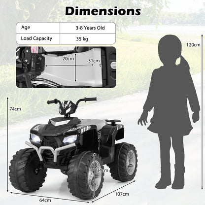 24V Ride-On ATV Toy Car, dimensions diagram showing a child next to the black kids electric car