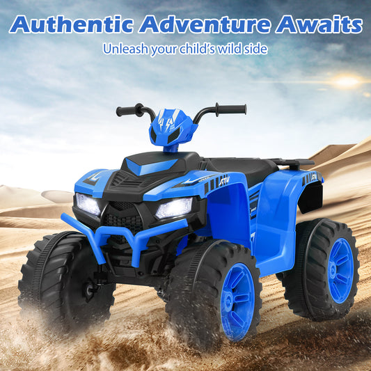 24V Ride-On ATV Toy Car, blue kids electric car driving through a desert landscape with text overlay