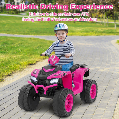 A young boy happily rides the pink kids electric ATV toy car on a paved path