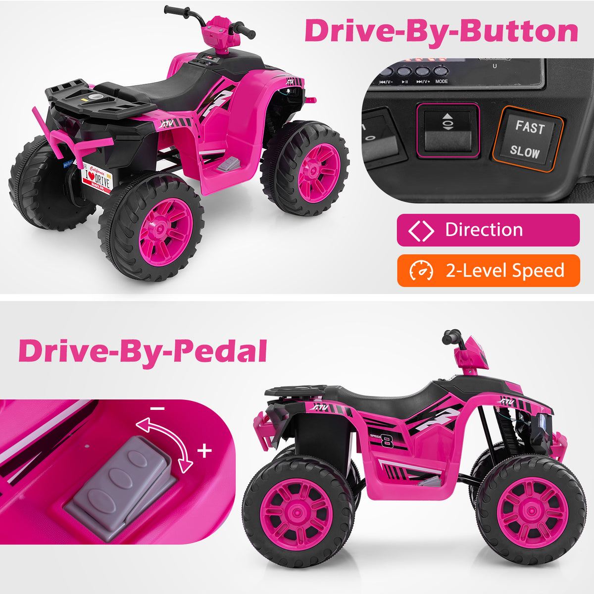 24V Ride-On ATV Toy Car, close-up views of the pink kids electric quad bike controls and pedal