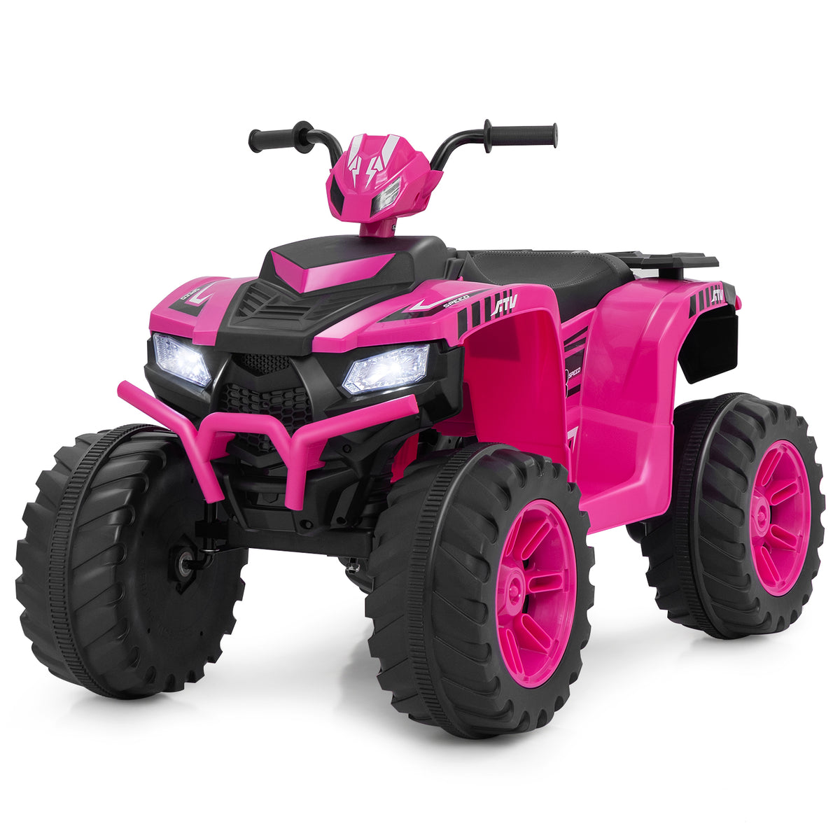 24V Ride-On ATV Toy Car in pink with large wheels and LED headlights
