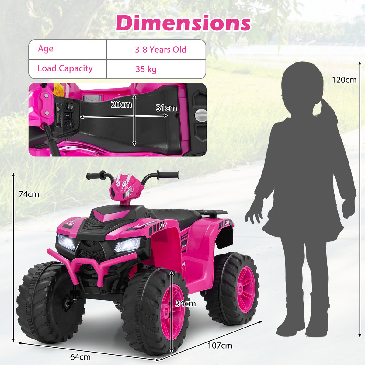 24V Ride-On ATV Toy Car, size diagram of the pink kids electric quad bike with a child silhouette