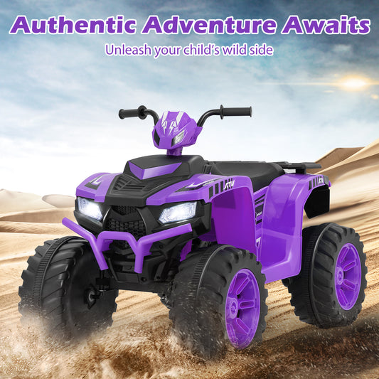 Purple kids electric quad bike in a desert landscape with text overlay
