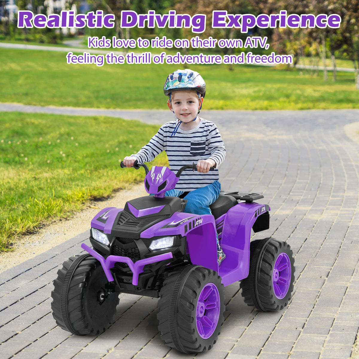 A young boy rides the purple kids electric quad bike on a paved path
