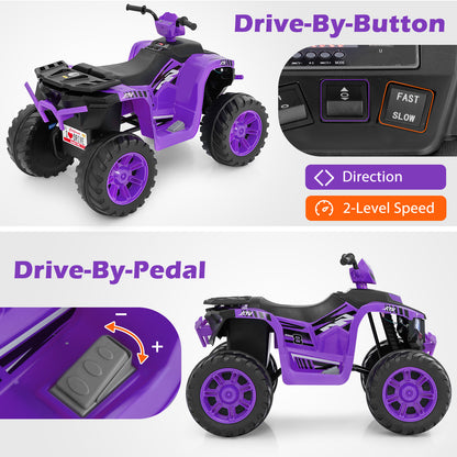 Close-up views of the controls and pedal for the purple kids electric quad bike