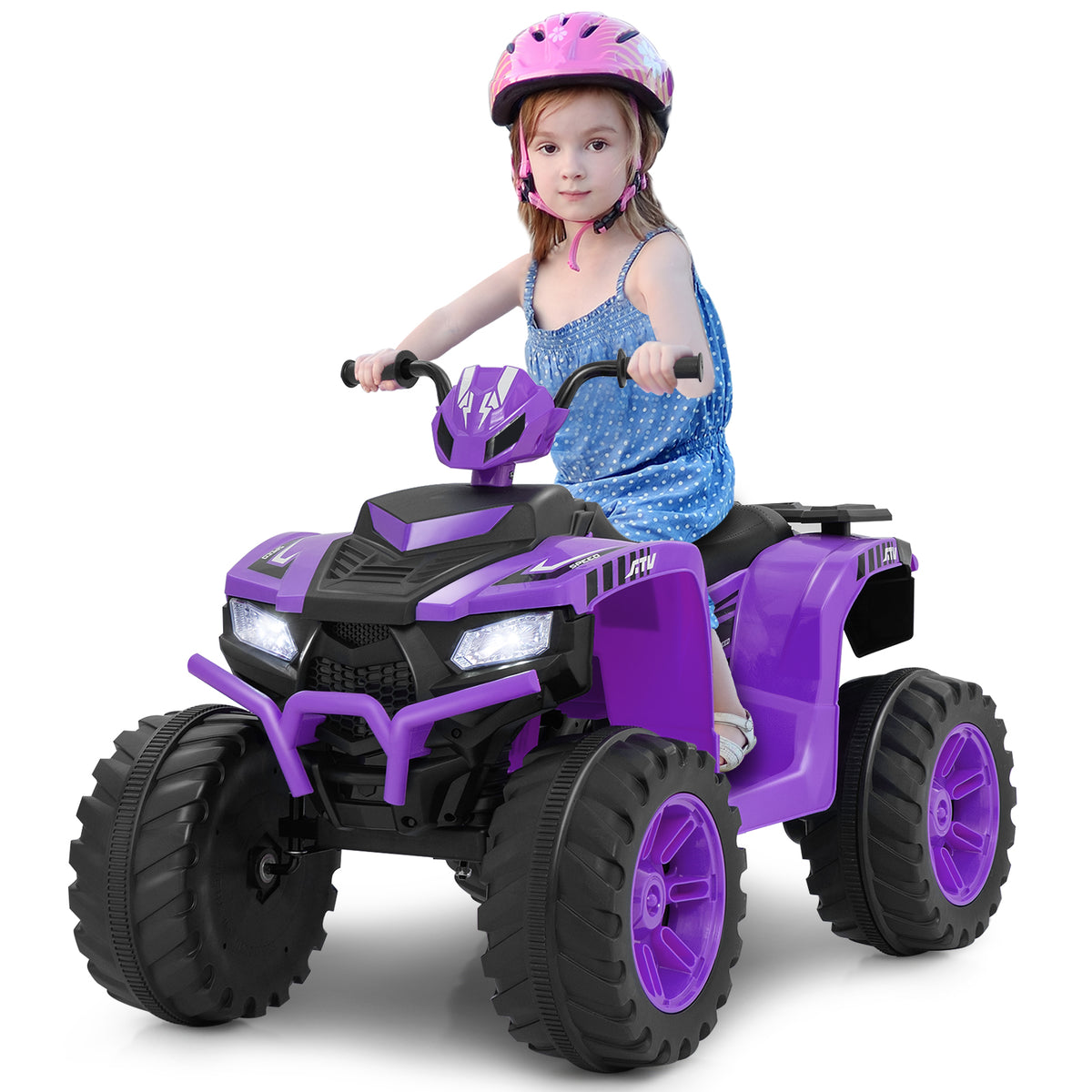 A young girl wearing a pink helmet rides the purple kids electric quad bike