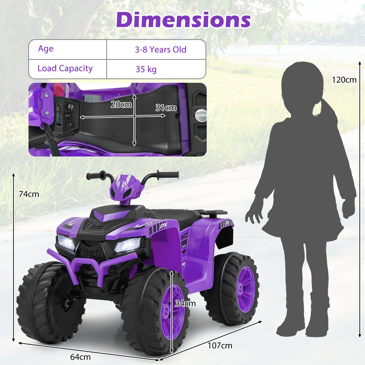 Dimensions diagram of the purple kids electric quad bike with a child silhouette